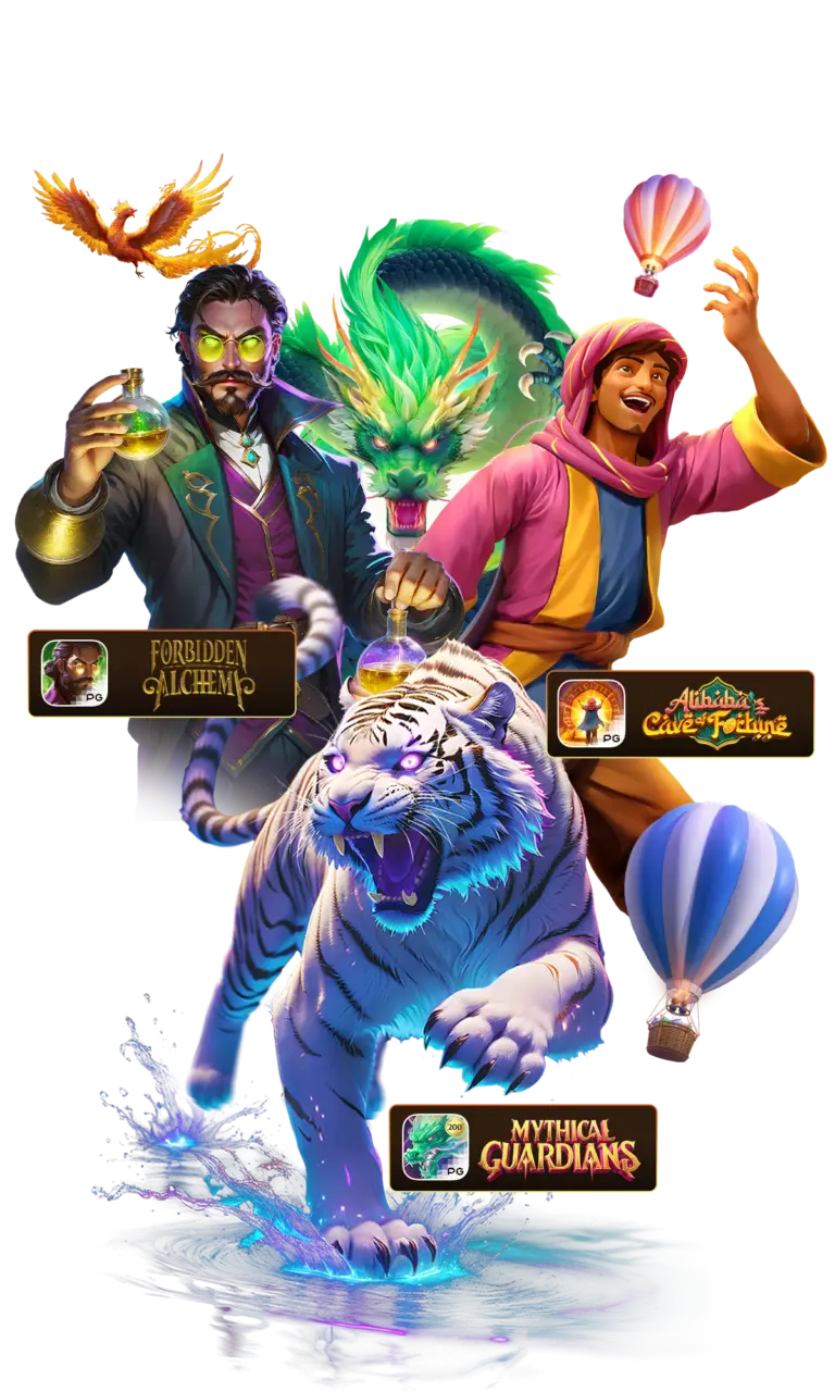 PG Soft ဇာတ်ကောင်များ — Forbidden Alchemy၊ Alibaba's Cave of Fortune၊ Mythical Guardians
